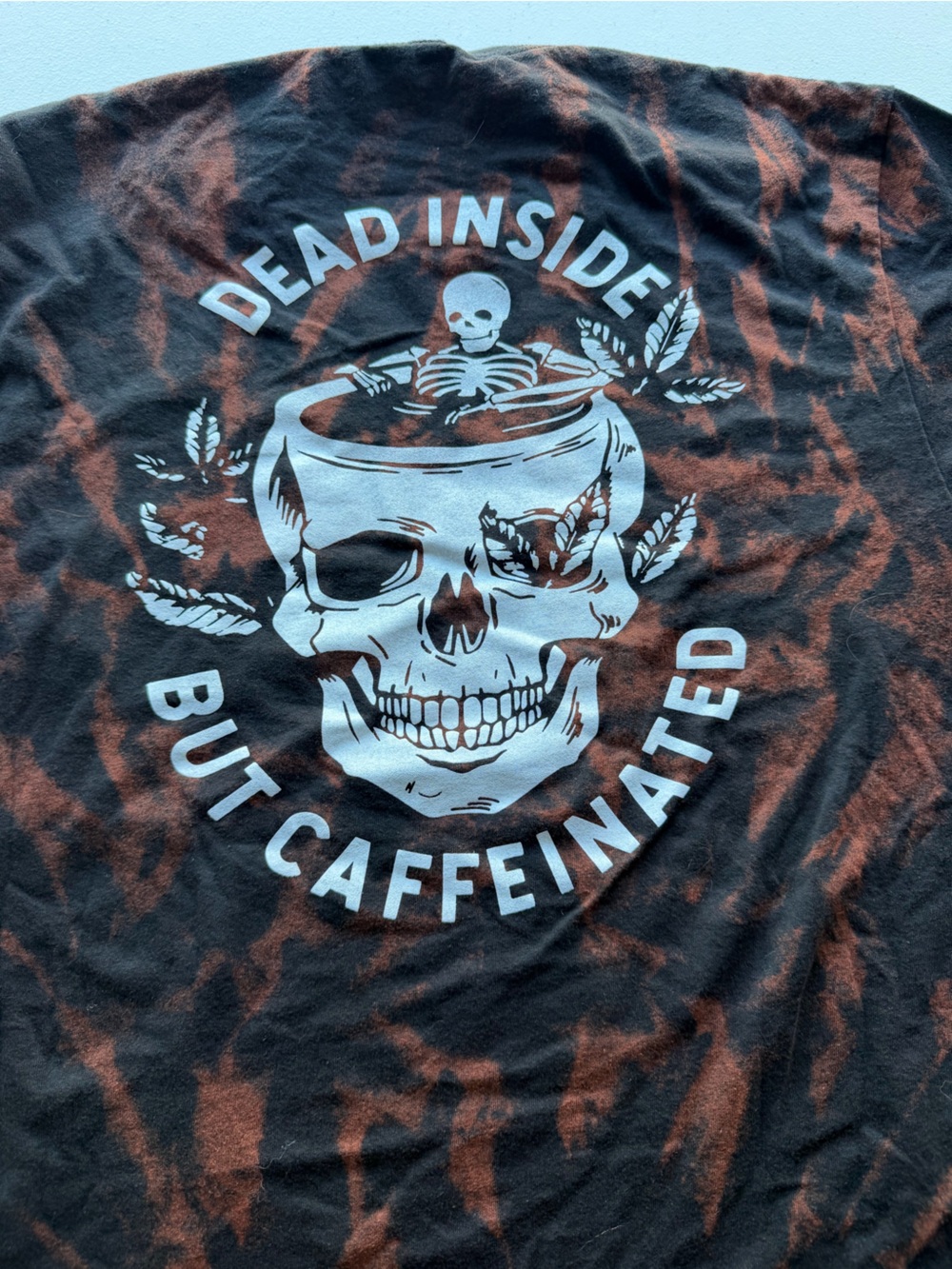 One Last Round Dead Inside But Caffeinated Bleach Wash T-Shirt Black & Orange